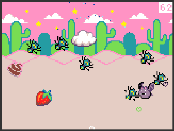 Pixel Art of a pastel desert scene with a Bat flying around to collect bugs and fruit. A cloud hovers in the middle of the scene and there is a piece of poop over to one side.