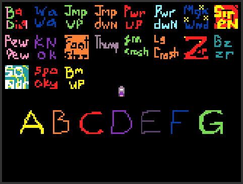 Pixel art with a black background and colored text. On the top half of the screen there are 3 rows of colored blocks with shorthand names of the sounds that are available in the MakeCode Arcade Editor, and a row of rainbow letters across the bottom half of the image reading "A B C D E F G" representing notes on a scale. In the middle is a small purple "finger" pointer.